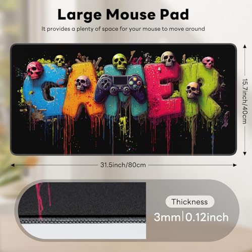 Large Gaming Mouse Pad, XL Desk Protector, Non-Slip Base | 31.5x15.7 in Extended Desk Mat with Stitched Edges for Keyboard, Work, Game, Office, Home PC and Laptop - color: Gamer Art