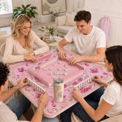 Pink Mahjong Mat for Table & 50PCS Stickers| Carrying Bag, Heavy Floral Mahjong Mats & 2 Dices, Noise Reduction Non Slip Foldable, 31.5x31.5 Game Table Cover, for Playing Card, Board Tile Games - color: Pink