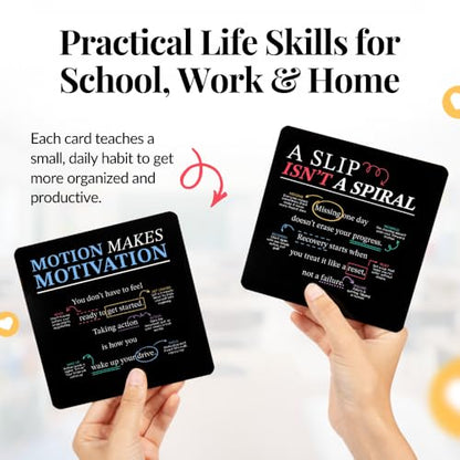 Executive Functioning Mindset Cards – 52 Daily Habit Cards for Focus, Organization & Follow Through – for Kids, Teens & Adults – Includes Wooden Display Stand – Gift for Teachers & Parents - style: Executive Functioning