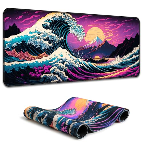 Simpkeely Japanese Sea Wave Mouse Pad, Blacklight Kanagawa Waterproof Gaming Extended Large Desk Pad Long Computer Keyboard Big Mouse Mat with 3mm Non-Slip Rubber Base for Office Home - 31.5" x 11.8" - color: Japanese Sea Wave