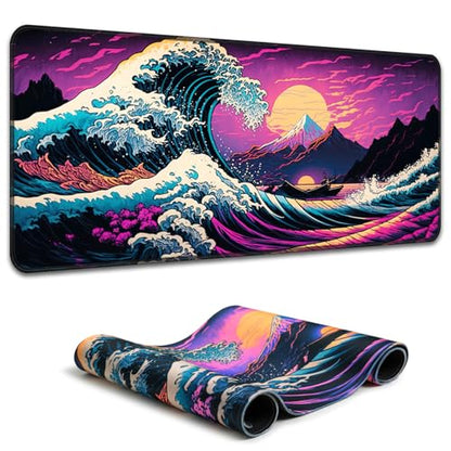 Simpkeely Japanese Sea Wave Mouse Pad, Blacklight Kanagawa Waterproof Gaming Extended Large Desk Pad Long Computer Keyboard Big Mouse Mat with 3mm Non-Slip Rubber Base for Office Home - 31.5" x 11.8" - color: Japanese Sea Wave