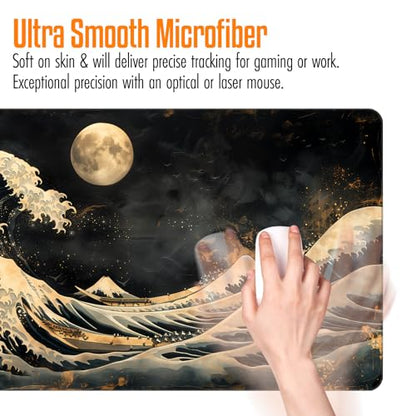 VNDL Large Japanese Black and Gold Gaming Mouse Pad, Sea Waves, Premium Non-Slip Anime Desk Pad for Office, Extended XL XXL Mouse Mat and Laptop Pad, Waterproof and Stiched Edges 31.5 x 15.7 in (wg1) - color: wg1