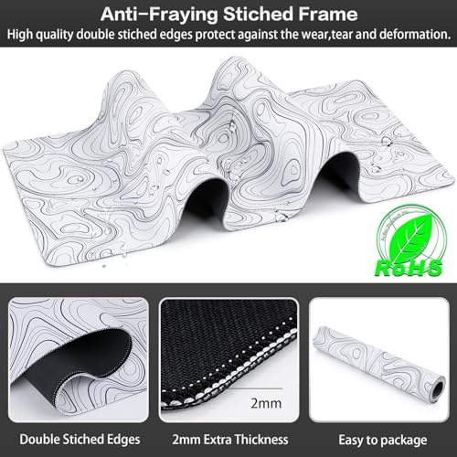 Canjoy Gaming Mouse Pad, Topographic Large Extended Mouse Pad 31.5x11.8inch | Full Desk Mousepad Keyboard Mat Big Large Mouse Pads for Desk Extended Computer Mat with Anti-Slip & Double Stitched - color: White Topographic, size: 800*300mm