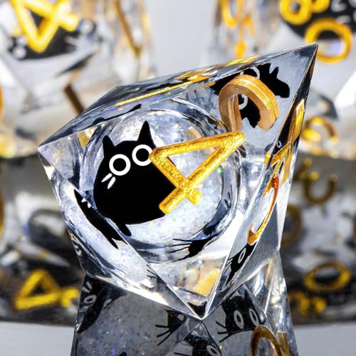 Roycevon Resin DND Dice Set with Gift Box, 7Pcs Liquid Core Cat D&D Dice, Cute Dungeons Dragons D and D Dice, Sharp Edge Role Playing Game Dice D20 D12 D10 D8 D6 D4, White Gold - color: White Gold