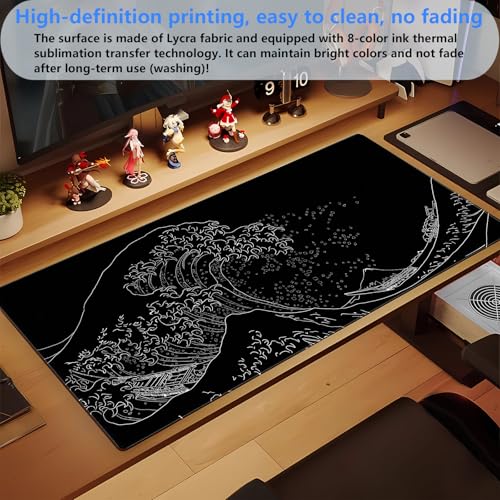 Great Wave Desk Mat, Black White Line Art Large Gaming Mousepad | Minimalist black and white wave desk pad with 3mm dense cushion, smooth cloth top, and non-slip rubber foundation. - color: Ukiyo-e of the Waves