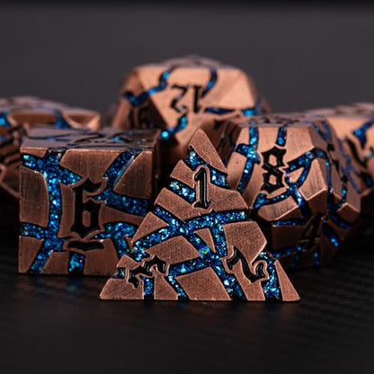Cracked Rune Metal Dice Set for DND & RPG – Dark Fantasy Fractured Design, Premium Heavy Metal Polyhedral Dice with Deep Engraved Numbers, 7-Piece Set – Blue Arcane Vein - color: Antique Copper Bright Blue