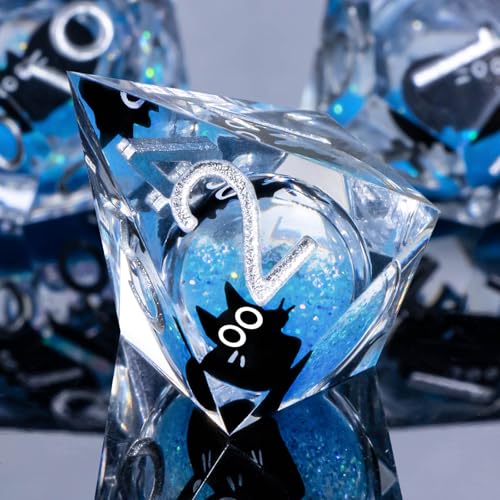 Roycevon Resin DND Dice Set with Gift Box, 7Pcs Liquid Core Cat D&D Dice, Cute Dungeons Dragons D and D Dice, Sharp Edge Role Playing Game Dice D20 D12 D10 D8 D6 D4, Blue - color: Blue