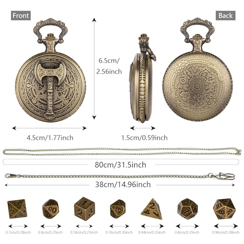 Mini DND Dice Set with Steampunk Barbarian Axe Pocket Watch Shell Case, 7pcs Polyhedral Metal DND Dice Set, D&D Gifts with Gift Box, Role Playing Board Games DND Accessories, Bronze - color: Bronze