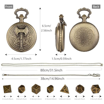 Mini DND Dice Set with Steampunk Barbarian Axe Pocket Watch Shell Case, 7pcs Polyhedral Metal DND Dice Set, D&D Gifts with Gift Box, Role Playing Board Games DND Accessories, Bronze - color: Bronze
