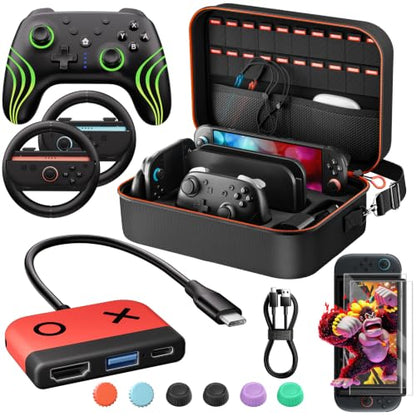 COOWPS Switch 2 Pro Controller Accessories Bundle 14-in-1, Switch 2 TV Dock with 4K@30Hz/PD Max 100W/USB 3.0 Port, All-in-One Carrying Case, Steering Wheels, Screen Protectors, Thumb Grips Caps - color: Dark Black