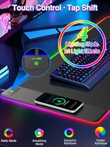RGB Gaming Mouse Pad with 15W Magnetic Wireless Charging, 31.5'' x 15.8'' | 24 Lighting Effects Desk Mat LED Mousepad with Non-Slip Rubber Base, Light up Your Desk, Waterproof Ultra-Smooth Surface - color: RGB-31.5"x15.8"