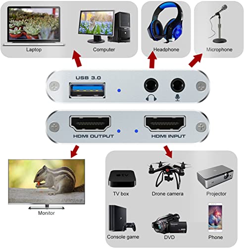 Video Capture Card 4K 1080P 60FPS, USB 3.0 HDMI Video Capture Device, HD Game Capture Card for Streaming, Work with PS4/PS5/Xbox/PC/Mac Windows 10/11 - color: Silver