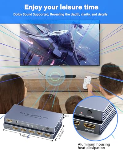 HDMI Switch 4K 240Hz - New Upgrade 5 in 1 Out 8K@60Hz 4K@240Hz HDMI Switch with Remote Support 3D/HDR/HDCP2.3, Compatible with PS5/4 Xbox Roku Apple TV Fire Stick 8k HDMI2.1 Switcher