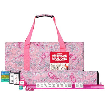 American Mahjong Game Set, 166 White Tiles, 4 All-in-One Color Rack/Pushers, Complete Mahjong Set with Pink Printed Carrying Bag - color: Pink