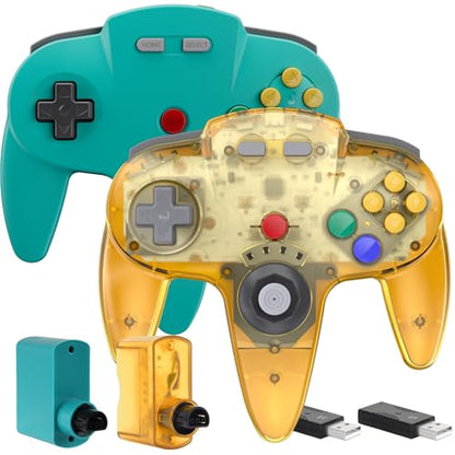 2 Pack Wireless N64 Controller for Switch 1 & 2, N64 Console, Cyan/Yellow | (Built-in Vibration) (Rechargeable) (3D Analog Stick), 2.4 GHz USB & N64 Receiver Made for Switch Online, Windows PC, macOS - color: Two Pack Cyan/Clear Yellow