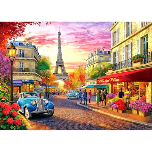 Paris Street Scene 1000 Piece Jigsaw Puzzle for Adults Eiffel Tower Cityscape with Vintage Cars Landscape Scenery Challenging Family Puzzle Perfect for Game Nights (27.5"X19.6") - color: Paris Street, size: (27"X19")