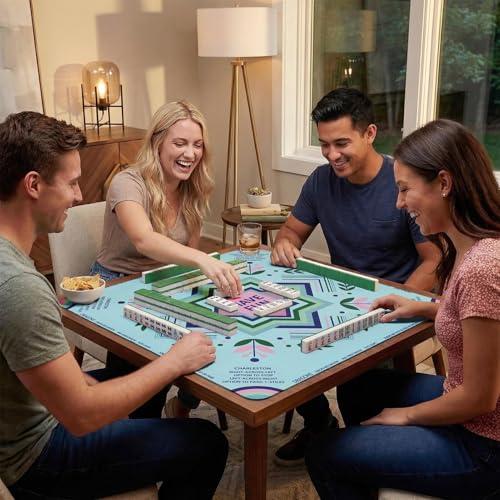 Britimes Mahjong Mat with Black Carrying Bag,31.5"x31.5", Geometric Boho | Floral Non-Slip Noise Reduction Gaming Mat Rubber Multi Purpose Game Table Cover for Mahjong Card Dominoes Board Tile Games - color: Blue-green