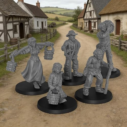Fantasy TTRPG Village Life Scenery, 25mm Scale Unpainted Resin Civilian NPCs for Tabletop RPG Game, Townsfolk Commoner Miniatures 5pc Set - 1:64 Scale RPG Accessory, Villager NPC AS972