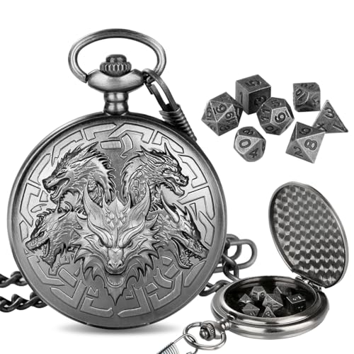 Mini DND Dice Set with Retro Five Dragon Heads Pocket Watch Shell Case, DND Starter Set, 7pcs Polyhedral Mini Metal Dice Set, D&D Gifts with Gift Box, Role Playing Board Game Accessories, Silver - color: Dark Silver