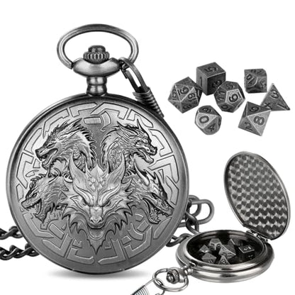 Mini DND Dice Set with Retro Five Dragon Heads Pocket Watch Shell Case, DND Starter Set, 7pcs Polyhedral Mini Metal Dice Set, D&D Gifts with Gift Box, Role Playing Board Game Accessories, Silver - color: Dark Silver