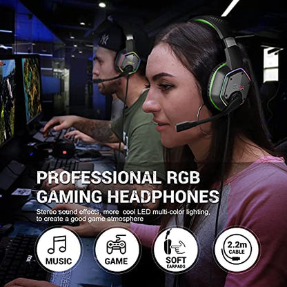 EKSA E1000 Gaming Headset, Computer Headphones with Noise Canceling Mic & RGB Light, Compatible with PC, PS4, PS5, Laptop - color: Green