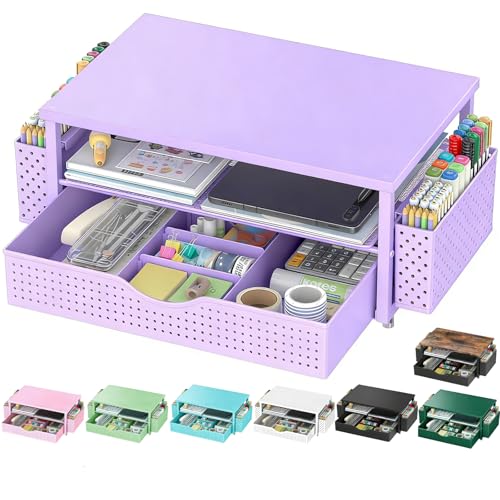 Spacrea Desk Organizer and Accessories, Computer Monitor Stand Riser with Drawer and 2 Pen Holders, Office Desk Accessories & Workspace Organizers for Office Supplies (Purple) - color: purple