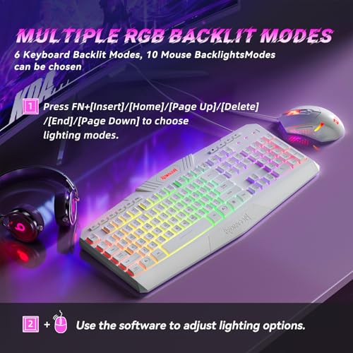 Redragon Updated Programmable Gaming Keyboard and Mouse, RGB Backlit Keyboard Mouse with Software, Independent Macro Record Keys, Value Combo Set, White - S101-3 PRO - color: White