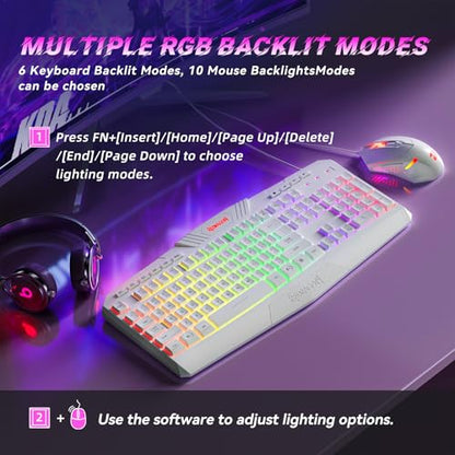 Redragon Updated Programmable Gaming Keyboard and Mouse, RGB Backlit Keyboard Mouse with Software, Independent Macro Record Keys, Value Combo Set, White - S101-3 PRO - color: White
