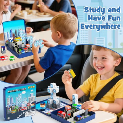 City Traffic Magnetic Blocks Set Fully Encased Magnets Non-Toxic | Child-Safe STEM Toys & Choking-Proof Travel Learning Gift for Ages 3-8 Car/Airplane Toddler Toy Birthday - style: City Traffic 49