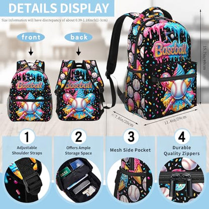 Baseball School Backpack for Kids Boys Ice Cream Sports Baseball Backpack for Girls Boys Children Elementary Middle School Students Bookbag Travel Back Pack - color: Ice Cream Baseball
