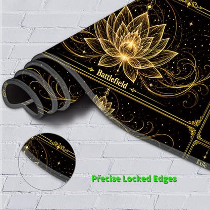 Playmat for MTG with Zones, 24 x 14 Inch Card Game Mat, Stitched Edges, Non Slip Rubber Base, 2mm Washable Play Mat with Storage Bag, Lotus Flower Design, Gold Color - color: Gold