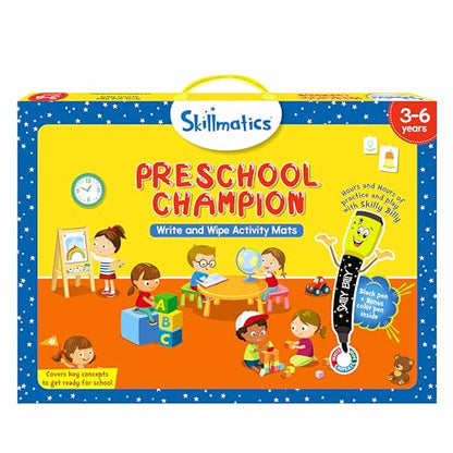 Skillmatics Educational Game : Preschool Champion | Reusable Activity Mats with 2 Dry Erase Markers | Gifts & Preschool Learning for Ages 3-6 | Write and Wipe Boards with 2 Dry Erase Markers, Learning & Travel Toy, Screen-Free, Gift for Kids Ages 3, 4, 5,