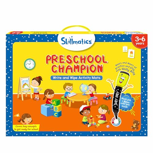 Skillmatics Educational Game : Preschool Champion | Reusable Activity Mats with 2 Dry Erase Markers | Gifts & Preschool Learning for Ages 3-6 | Write and Wipe Boards with 2 Dry Erase Markers, Learning & Travel Toy, Screen-Free, Gift for Kids Ages 3, 4, 5,