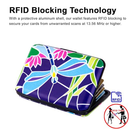 Credit Card Holder Small RFID Blocking Wallet Business Metal Slim Mini Aluminum Hard Case for Women Men - color: Dragonfly Flower