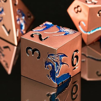Blue Dragon Theme Metal Dice Set,HNCCESG 7PCS Solid Zinc Alloy Polyhedral Dice with Magnetic Gift Box for RPG Tabletop Game Lovers (Ancient Gold with Blue Dragon) - color: Ancient Gold Blue
