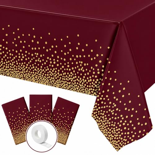 Blue Orchards Burgundy and Gold Dots Table Cover (Pack of 3 with 20 glue dots) - 54"x108" XL - Red Plastic Tablecloth, Bridal Shower, Wedding, Graduation Decoration, Picnic Red Birthday Party Supplies - color: Burgundy Gold (Pack of 3)