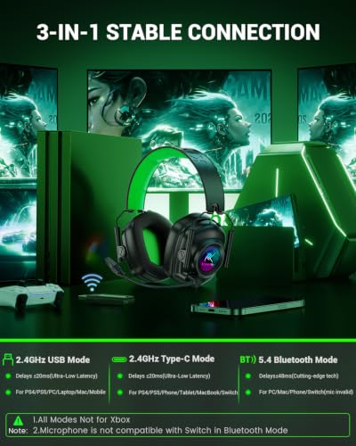 Wireless Gaming Headset with Noise Canceling Microphone for PC, PS5, PS4, Switch, Mac, 2.4 GHz Wireless & Bluetooth 5.4 Gaming Headphones, Cool RGB Lighting, 50Hr Battery, 50mm Drivers(Deep Green) - color: Deep Green