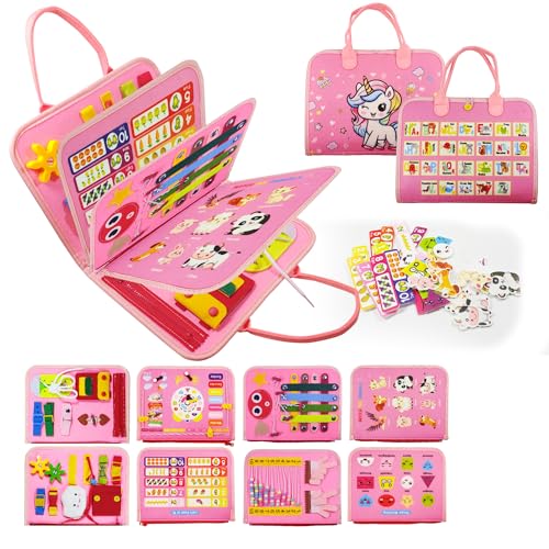 LearnToy Montessori Busy Board for Girls 3 4 5 Year | Sensory Toys for Toddlers 3-6, Ideal for Travel and Preschool - ABCs, 123s, Colors, Animals, Weather, Birthday Gifts-DE - color: Pink