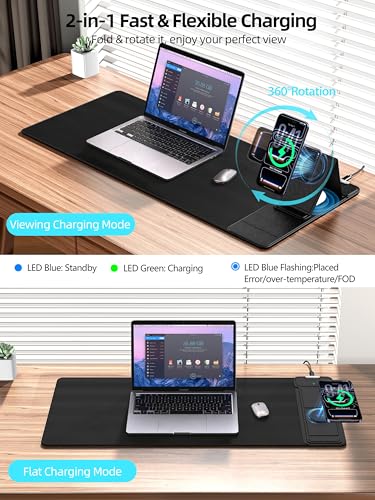 Mouse Pad with Magnetic Wireless Charging & Adjustable Phone Stand | 27.5"x11.8" Computer Keyboard Pad Mat with Anti-Slip Base & Stitched Edge, Easy Gliding, Spill-Resistant Surface, Black - color: Black-Magnetic Stand-27.5"x11.8"-Right