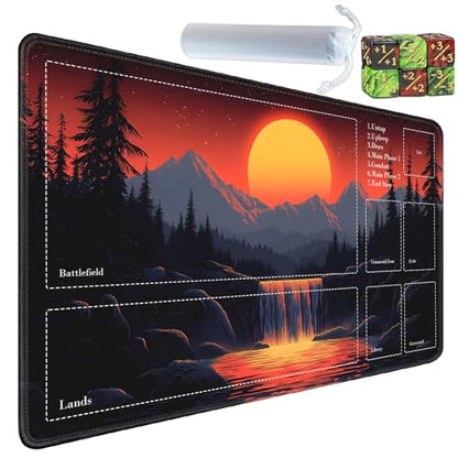 for MTG Card Playmat with Zones-Includes A Storage Bag and 6 Dice, 24 x 14 inches for TCG Playmat with Non-Slip Rubber, Game Mat, Sunset Mountain Waterfall - color: Yux-playmats-2-2A-273