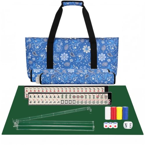 PiPiCat 2026 Complete American Mahjong Set, 166 Tiles (30mm) with 31.5x31.5in Mat One-Click Flip Reinforced 18-Inch Rack/Pushers Shockproof Bag & 6 Spare (Ethnic Style Blue) - color: Ethnic Style Blue