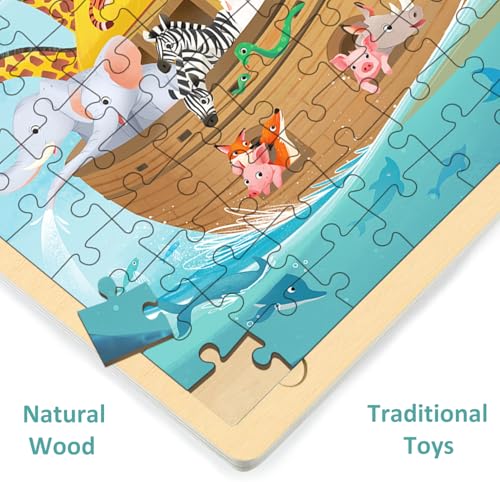 Wooden Puzzles for Kids Ages 3-5, Noah's Ark, 100 Piece | Religious Scene, Christian Bible Puzzles for Kids Ages 4-8, With Tray - style: 100 Piece