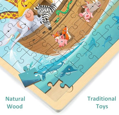 Wooden Puzzles for Kids Ages 3-5, Noah's Ark, 100 Piece | Religious Scene, Christian Bible Puzzles for Kids Ages 4-8, With Tray - style: 100 Piece