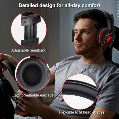 Stereo Wired Gaming Headset for PS4 PS5 New Xbox One Controller PSP PC Laptop Tablet, Over Ear 3.5mm Port Headphones with Mic, Bass Surround, Soft Memory Earmuffs,Red&Black
