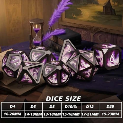 Haxtec Mystery Metal DND Dice Set 7pcs Polyhedral Dice + 3 Funny Waterproof Stickers + 1 Enamel Pin, Metal Dice for Dungeons & Dragons, Possible Hollow Dice, Great DND Gift, No Duplicates in 2/5 Packs - style: Metallic + Pin