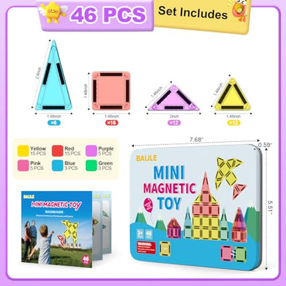 BAIJLE 46PCS Mini Magnetic Tiles, for Kids, Portable Magnetic Toys Travel Set with Iron Case for Kids Ages 4-8,Creativity Boosting Building Toys Set,Toddler Puzzle for Boys and Girls Ages 3+ - style: 46PCS Mini Magnetic Tiles