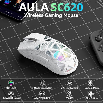 Aula SC620 Wireless Gaming Mouse, Tri-Mode 2.4GHz/USB-C/BT5.3 Computer Mouse with 12000 DPI, Programmable Macro Gamer Mouse with Rapid Fire Key, RGB Light Gaming Mice for PC/Laptop/Mac (Line White) - color: Line white