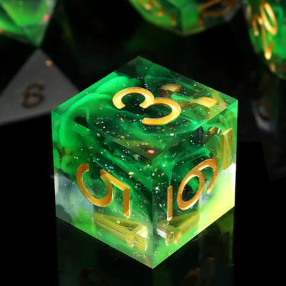 Haxtec Glitter DND Dice Set Sharp Edge Dice with Dice Case Handmade Green Resin D&D Dice Set for TTRPGs Compatible with Dungeons and Dragons Gifts - color: Green Black Gold