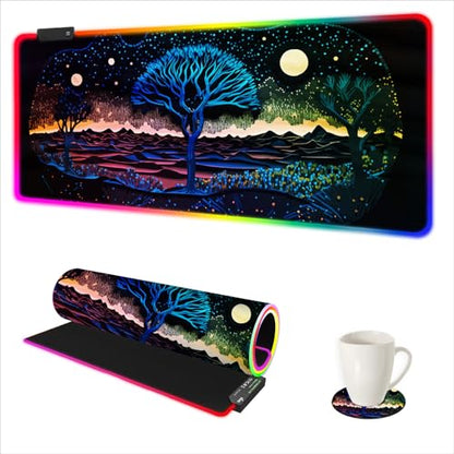 Extra Large RGB Gaming Mouse Pad with 14 Light Modes, Extended Soft LED Mousepad, Anti-Slip Rubber Base, Computer Keyboard Mat (35.4 x15.7 Inch), Mysterious Tree - color: Mysterious Tree