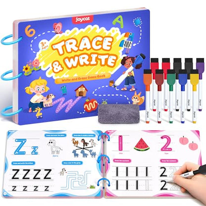 JoyCat Preschool Learning Activities 48 Reusable Pages for 3-8 | Handwriting Practice for Kids Toddlers, Tracing Letter Number Workbooks, Educational Autism Busy Book, Learning Gift Toys - style: 1. Trace & Write